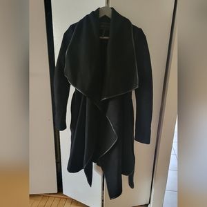 Black leather trimmed wrap blanket coat